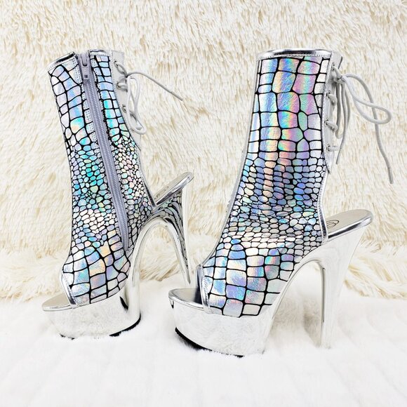 Brand New Delight 1018HG Sexy Silver Hologram Platform Heels Ankle Boots - Picture 12 of 16